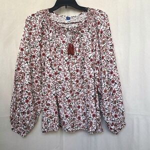 Old Navy Peasant Cottage Boho Boxy Floral Cotton Blouse Tassel Smocked Top XL